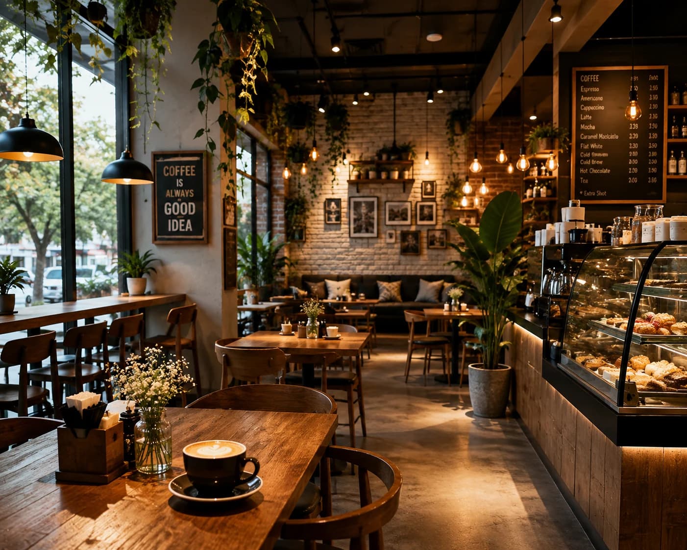 The room at Crèma House: warm lamplight over timber tables and a brick wall